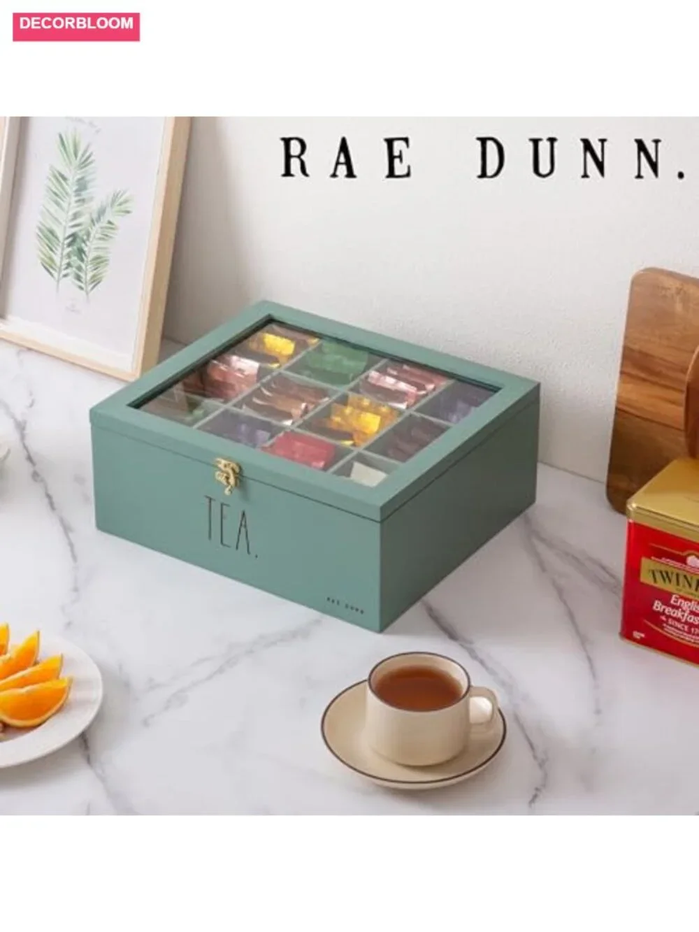 Bamboo Tea Bag Organizer Box with Divided Storage and Hinge Lid